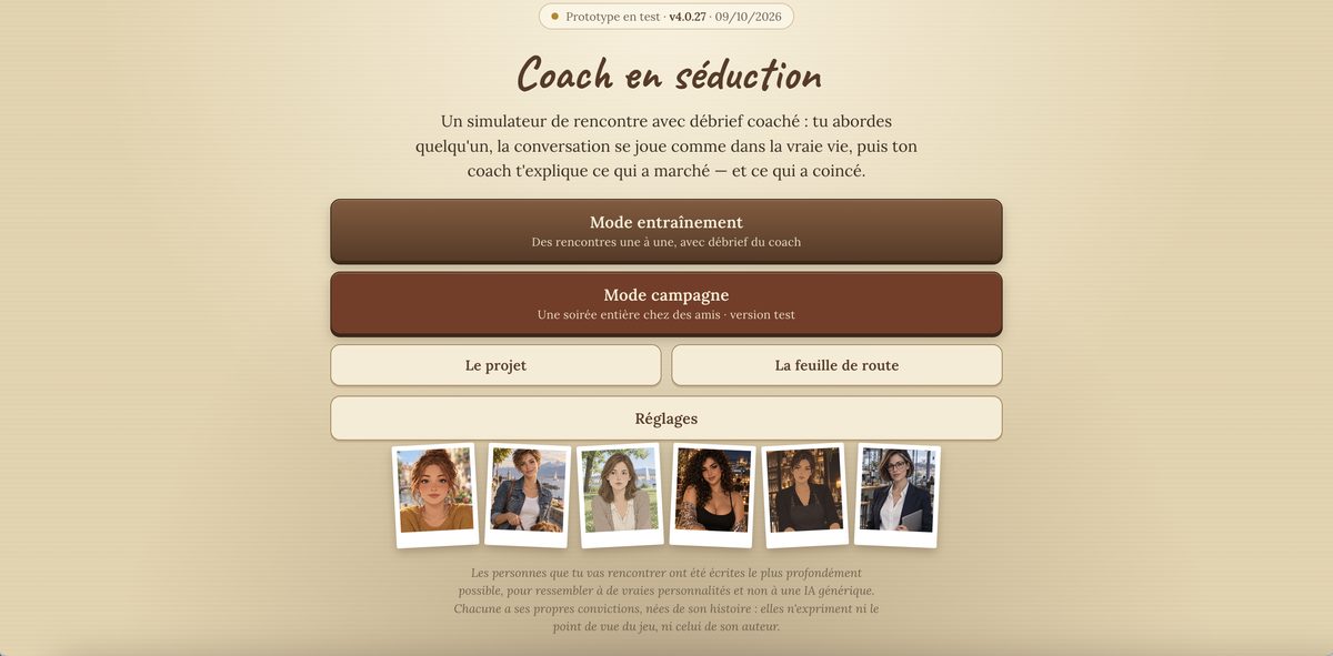 Page d'accueil du jeu avec les boutons Mode entraînement, Mode campagne, Le projet, La feuille de route et Réglages.