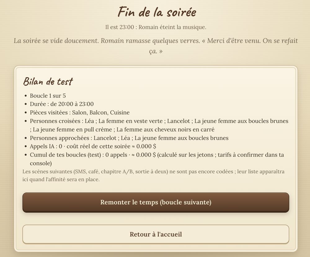 Écran « Fin de la soirée » avec le bilan de test : pièces visitées, personnes croisées, nombre d'appels à l'IA et coût de la soirée.