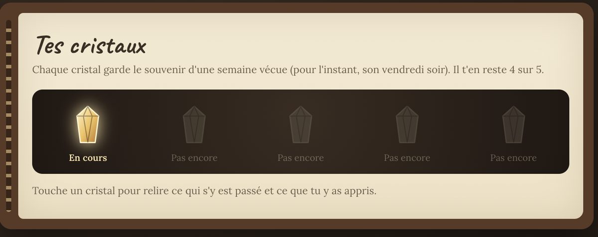 Écran « Tes cristaux » : cinq cristaux, dont un en cours et quatre encore disponibles pour remonter le temps.