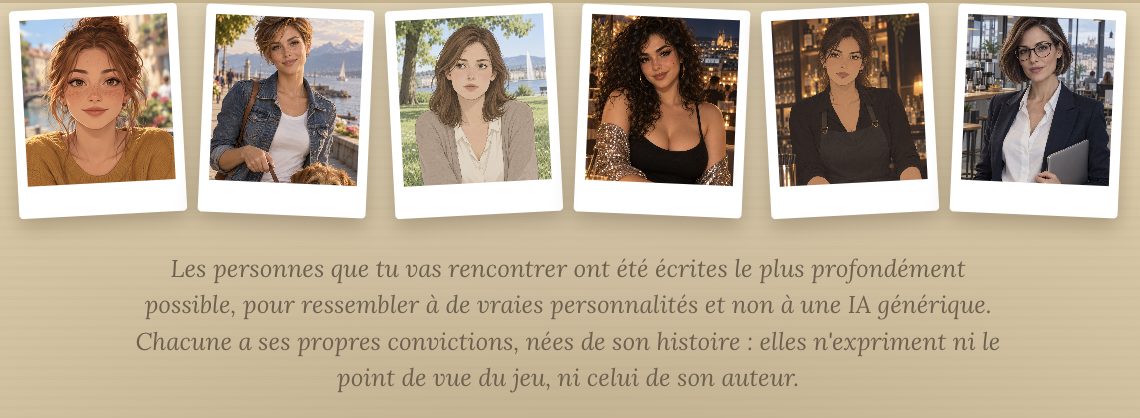 Six des personnages du jeu Coach en séduction, présentés en polaroïds, avec un texte rappelant que chacun a ses propres convictions.