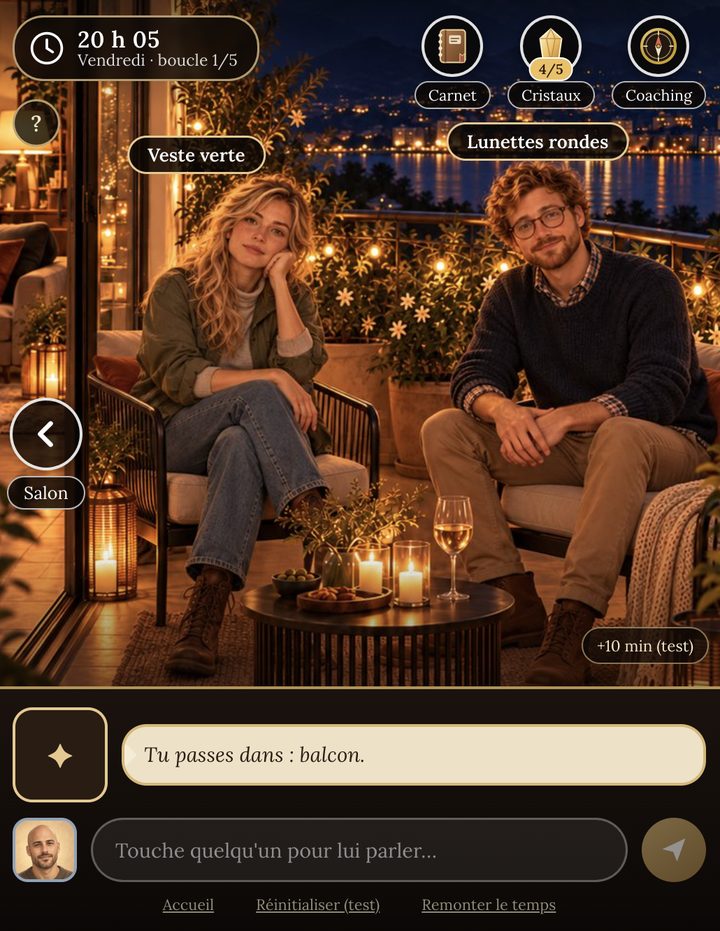 Le balcon à 20 h 05 : deux invités dont le prénom est encore inconnu, étiquetés « Veste verte » et « Lunettes rondes ».